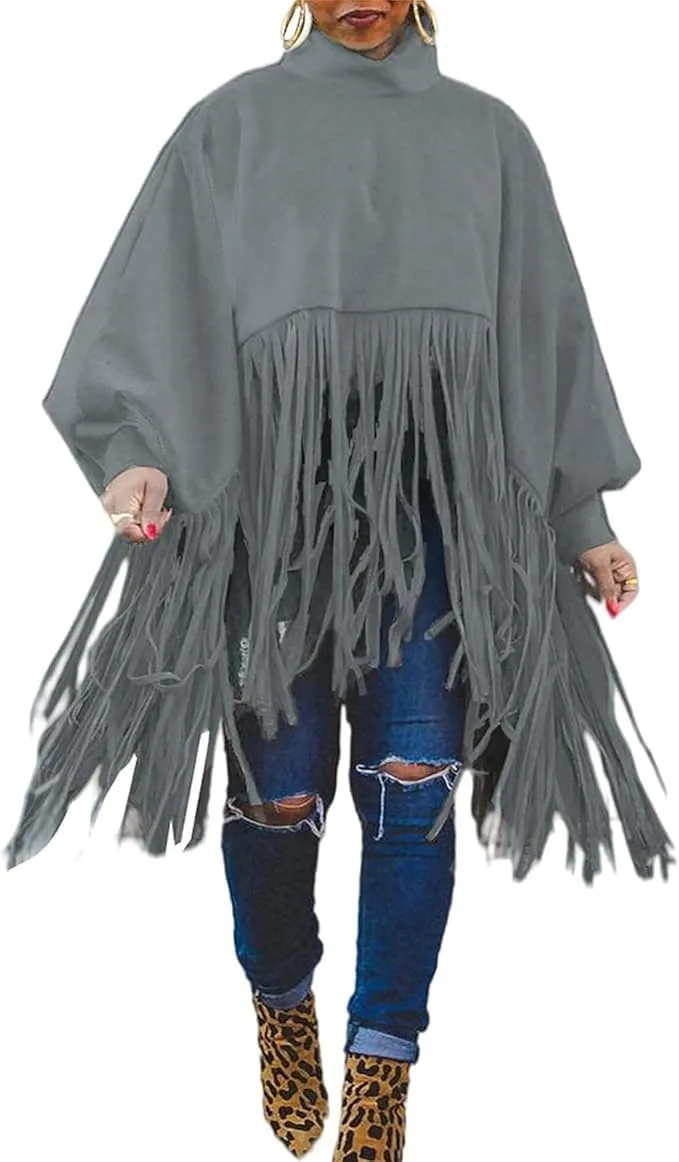 Women's Tassel Ponchos Cape Cloak Turtleneck Poncho Sweater Fringe Pullover Shawl Tops