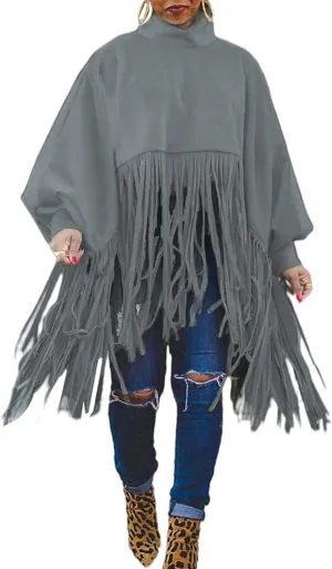 Women's Tassel Ponchos Cape Cloak Turtleneck Poncho Sweater Fringe Pullover Shawl Tops