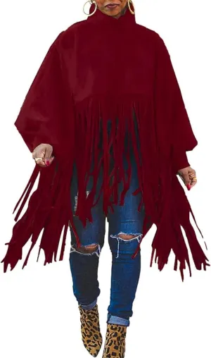 Women's Tassel Ponchos Cape Cloak Turtleneck Poncho Sweater Fringe Pullover Shawl Tops