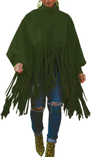 Women's Tassel Ponchos Cape Cloak Turtleneck Poncho Sweater Fringe Pullover Shawl Tops