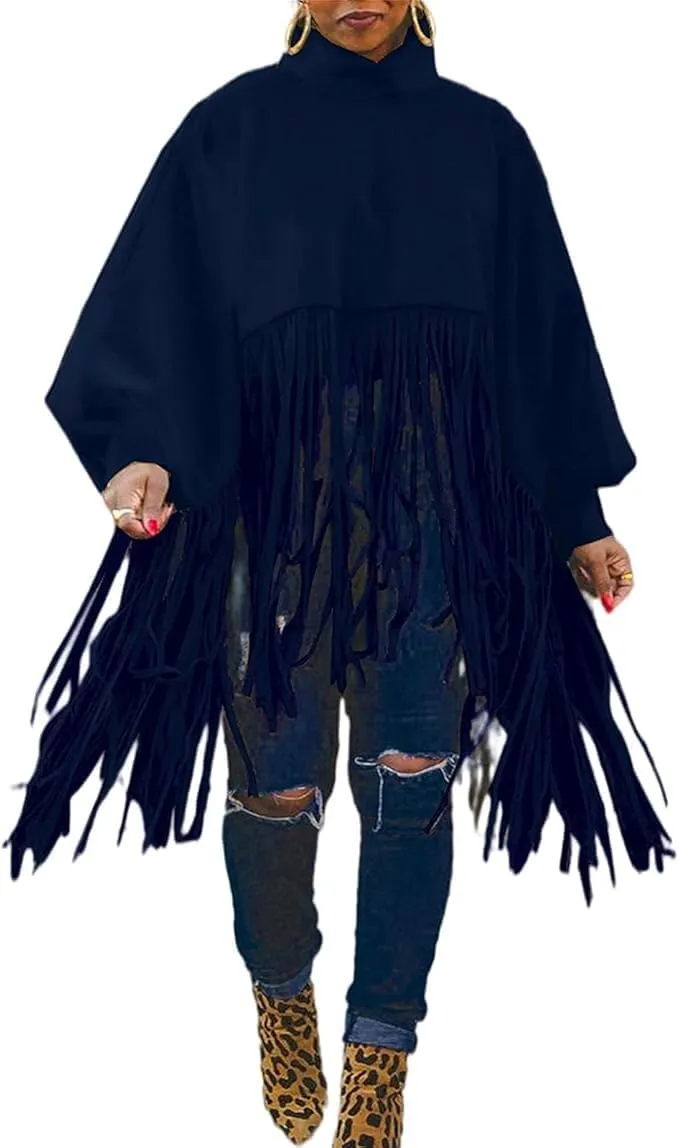 Women's Tassel Ponchos Cape Cloak Turtleneck Poncho Sweater Fringe Pullover Shawl Tops