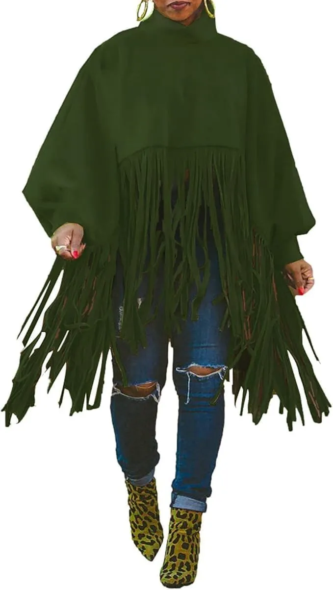 Women's Tassel Ponchos Cape Cloak Turtleneck Poncho Sweater Fringe Pullover Shawl Tops