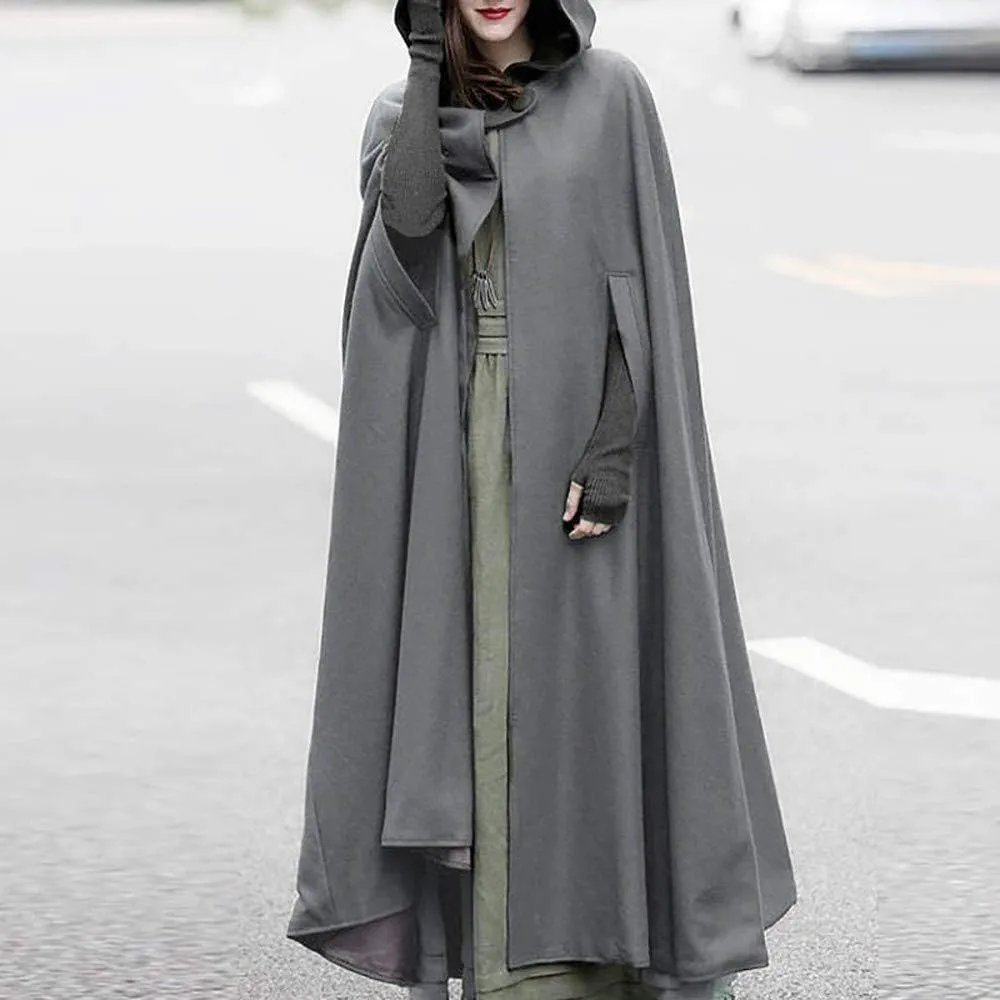 Women's Trench Coat Gothic Long Cloak Autumn And Winter Hoodies Robe Wool Blend Hooded Cape Poncho Maxi Cloak Coat