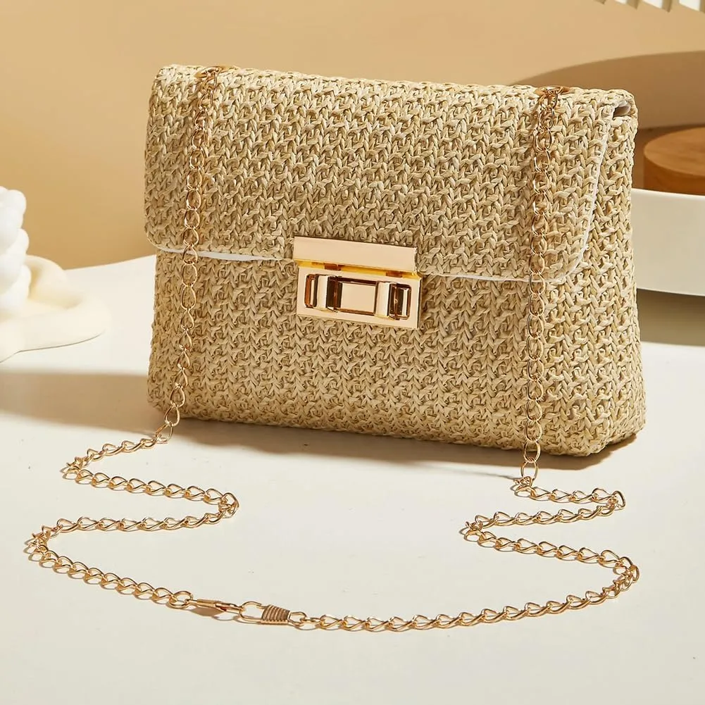 Womens Trendy Straw Clutch Purse Hand-Woved Wicker Evening Handbag Crossbody Shoulder Bag Party Wedding Beach