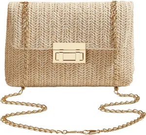 Womens Trendy Straw Clutch Purse Hand-Woved Wicker Evening Handbag Crossbody Shoulder Bag Party Wedding Beach