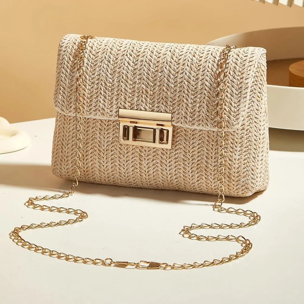 Womens Trendy Straw Clutch Purse Hand-Woved Wicker Evening Handbag Crossbody Shoulder Bag Party Wedding Beach