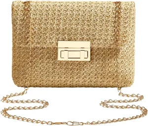 Womens Trendy Straw Clutch Purse Hand-Woved Wicker Evening Handbag Crossbody Shoulder Bag Party Wedding Beach