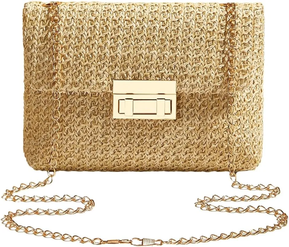 Womens Trendy Straw Clutch Purse Hand-Woved Wicker Evening Handbag Crossbody Shoulder Bag Party Wedding Beach