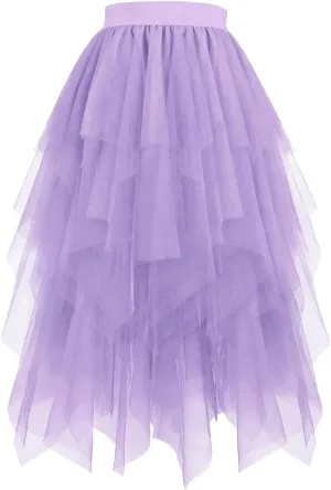 Women's Tulle Skirts High Waisted Puffy Layered Midi Tutu Skirt Ruffle Tiered Fashion Fairy Party Clothes