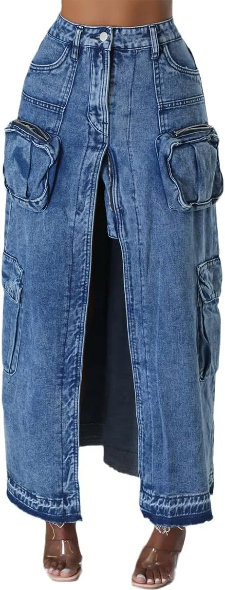 Women's Vintage Distressed Long Cargo Denim Skirt High Waist Stretch Fit Split Maxi Jean Skirt