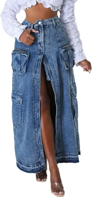 Women's Vintage Distressed Long Cargo Denim Skirt High Waist Stretch Fit Split Maxi Jean Skirt
