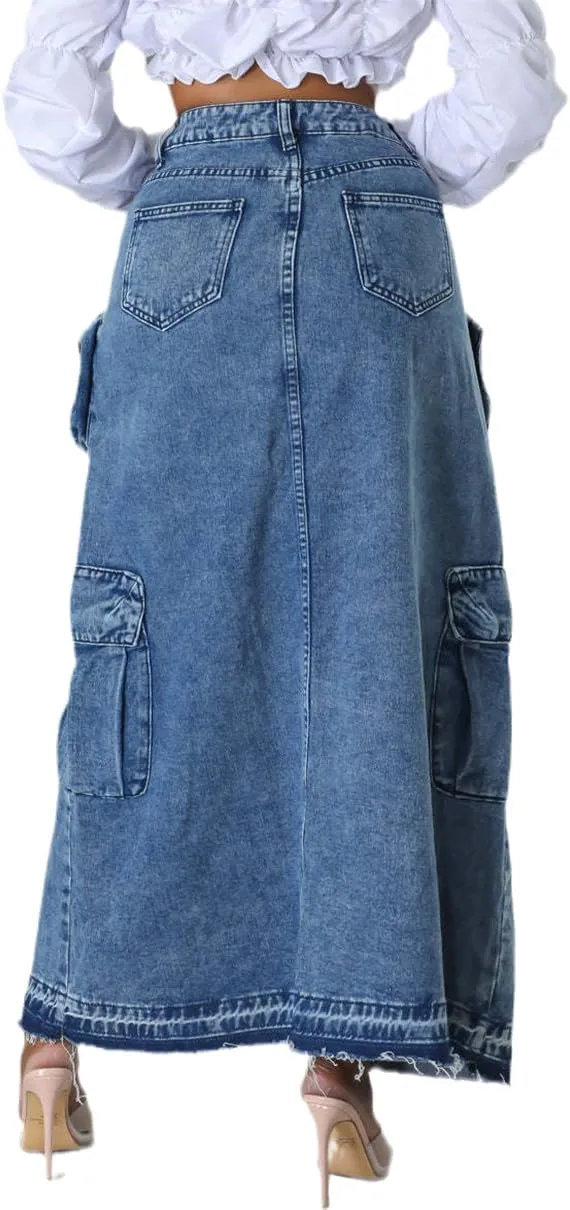 Women's Vintage Distressed Long Cargo Denim Skirt High Waist Stretch Fit Split Maxi Jean Skirt
