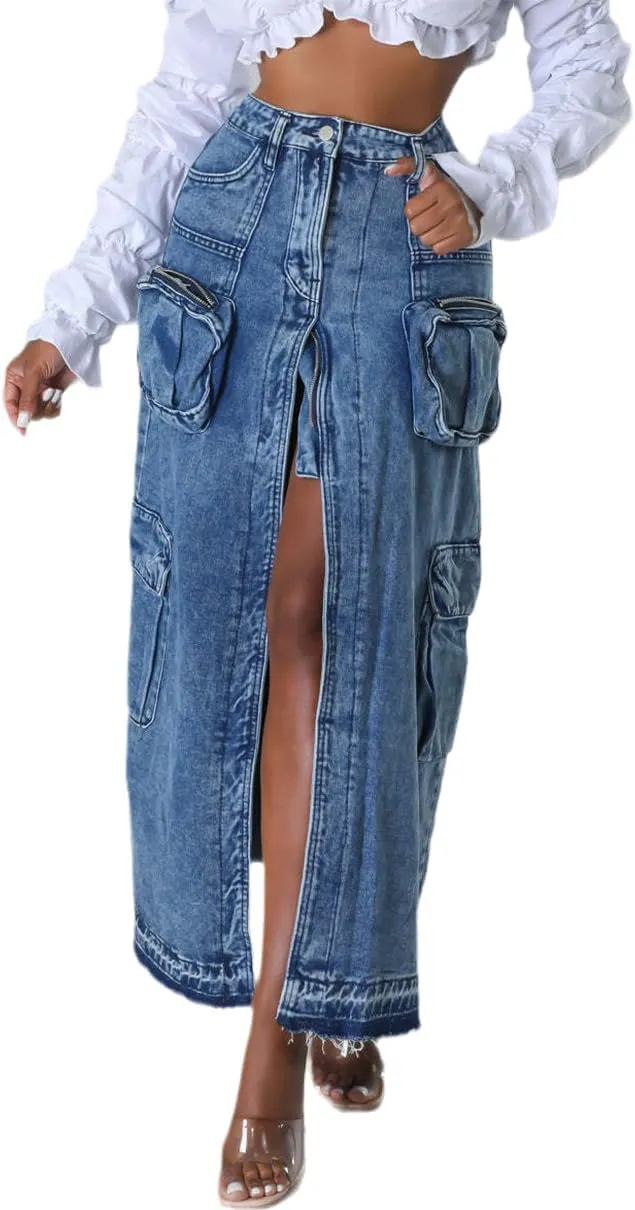 Women's Vintage Distressed Long Cargo Denim Skirt High Waist Stretch Fit Split Maxi Jean Skirt
