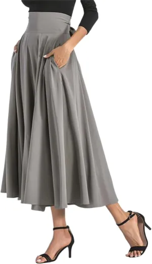 Women's Vintage Maxi Skirt Pleated High Waisted Casual Long Skirts with Pockets