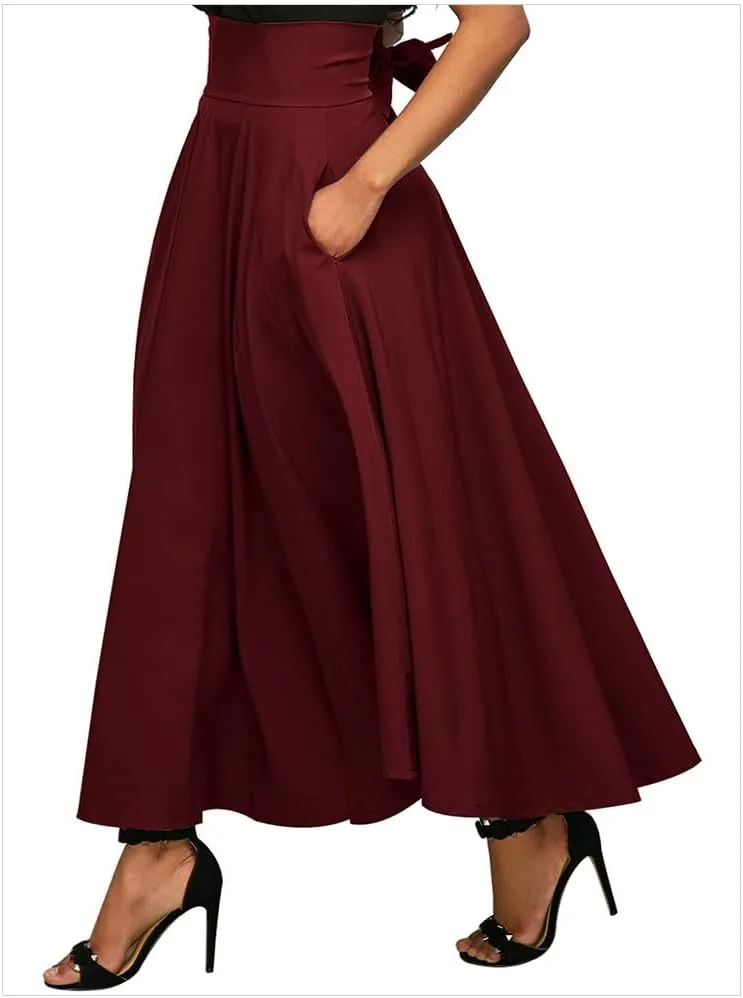Women's Vintage Maxi Skirt Pleated High Waisted Casual Long Skirts with Pockets
