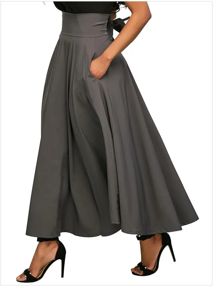 Women's Vintage Maxi Skirt Pleated High Waisted Casual Long Skirts with Pockets