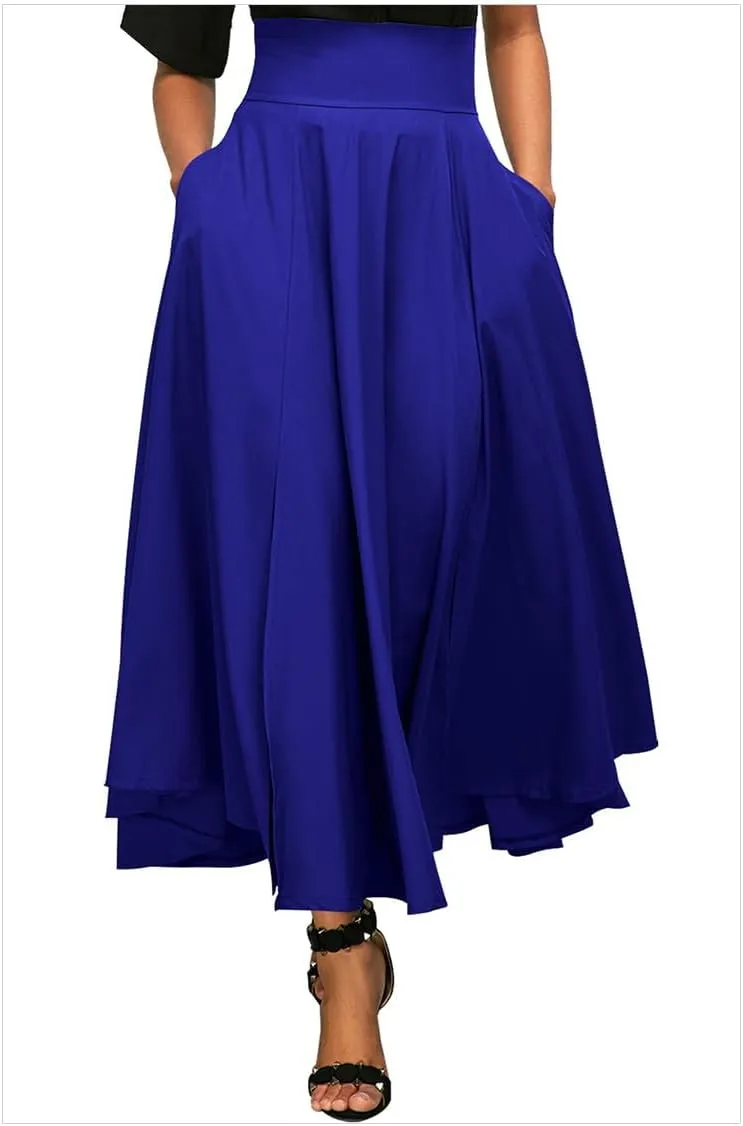 Women's Vintage Maxi Skirt Pleated High Waisted Casual Long Skirts with Pockets