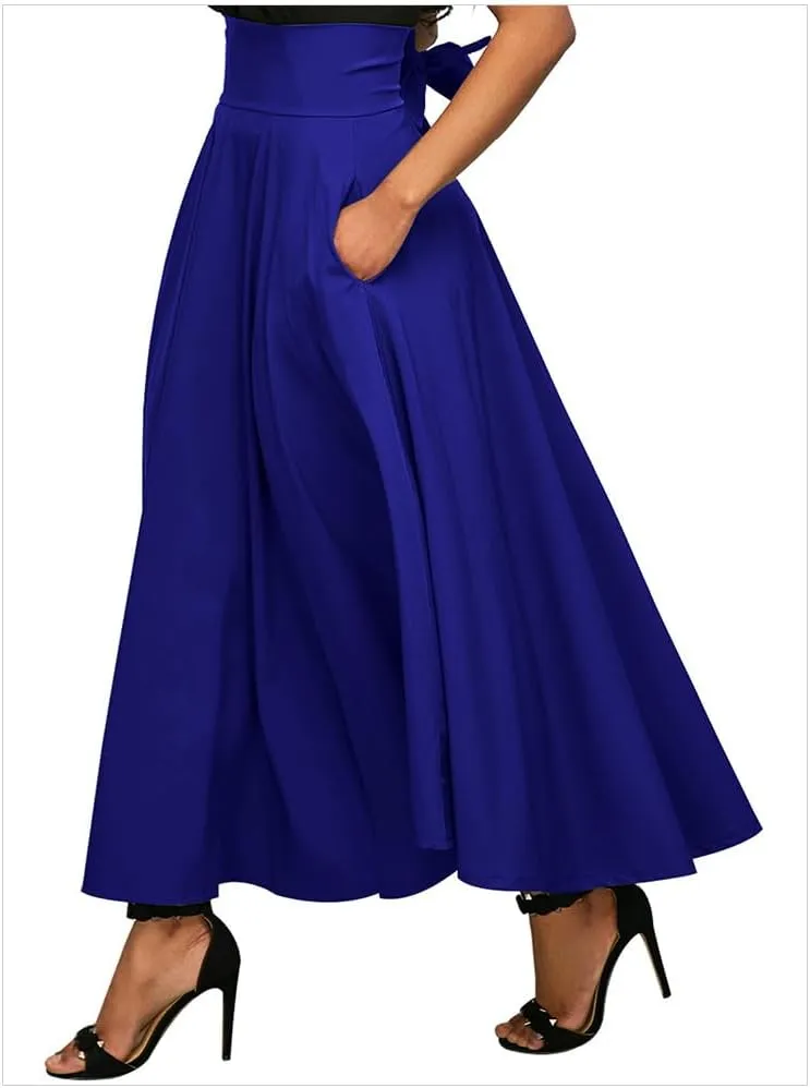 Women's Vintage Maxi Skirt Pleated High Waisted Casual Long Skirts with Pockets