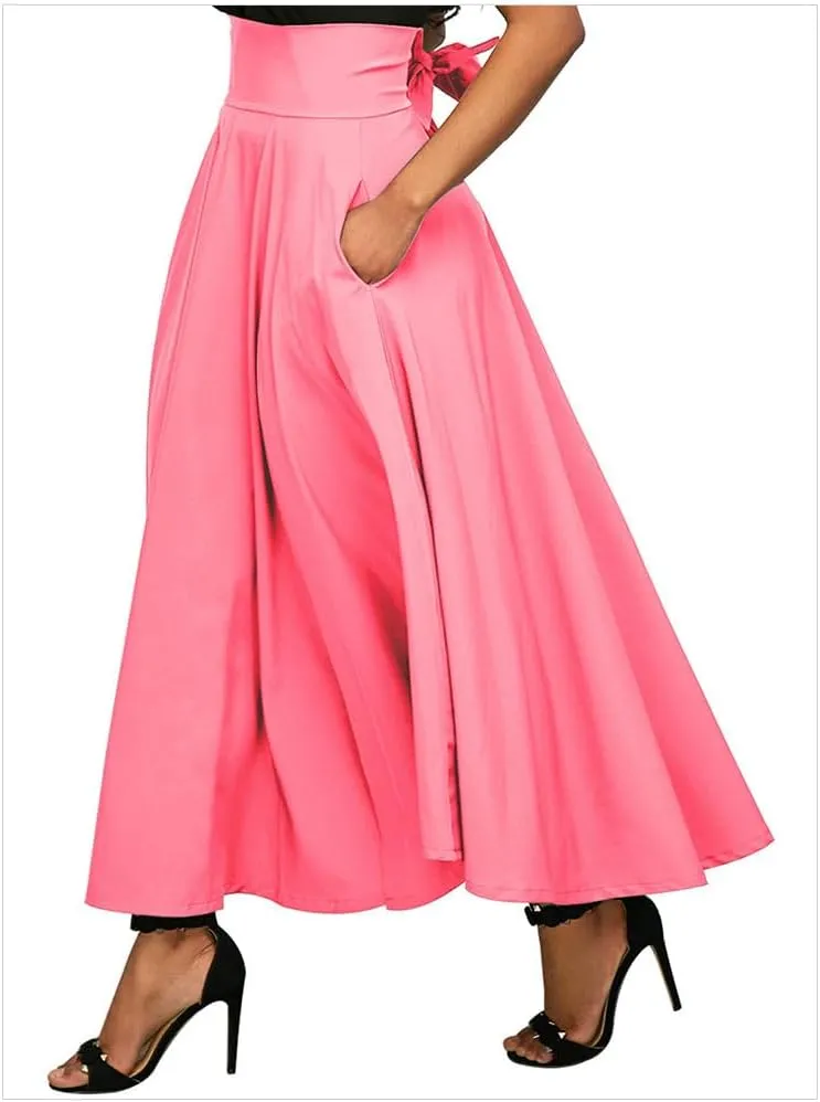 Women's Vintage Maxi Skirt Pleated High Waisted Casual Long Skirts with Pockets