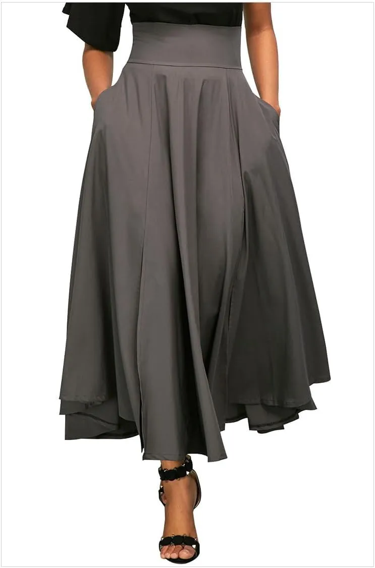 Women's Vintage Maxi Skirt Pleated High Waisted Casual Long Skirts with Pockets