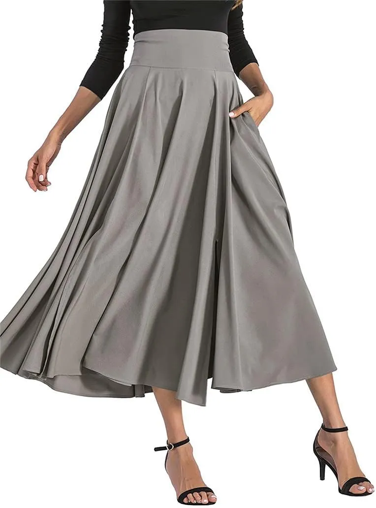 Women's Vintage Maxi Skirt Pleated High Waisted Casual Long Skirts with Pockets