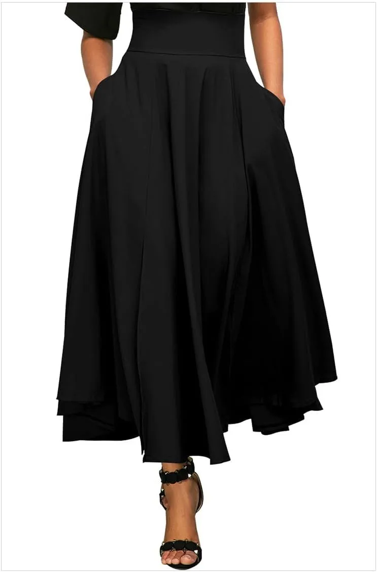 Women's Vintage Maxi Skirt Pleated High Waisted Casual Long Skirts with Pockets