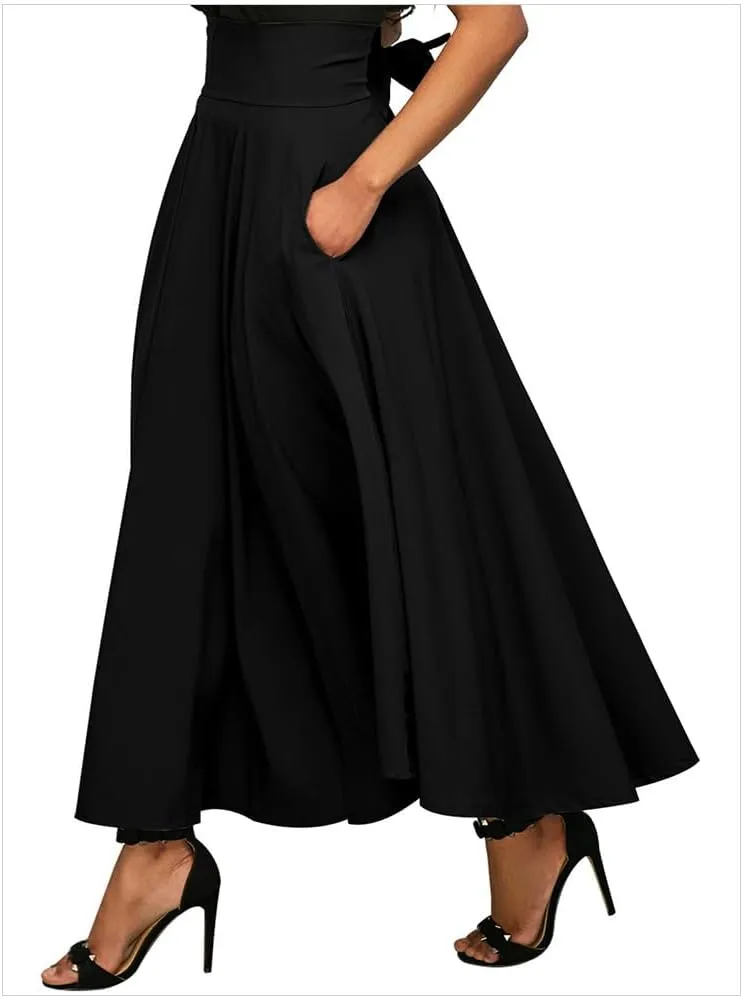 Women's Vintage Maxi Skirt Pleated High Waisted Casual Long Skirts with Pockets