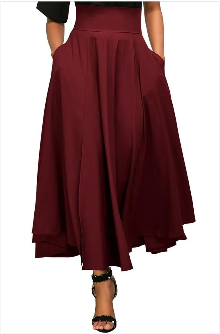 Women's Vintage Maxi Skirt Pleated High Waisted Casual Long Skirts with Pockets