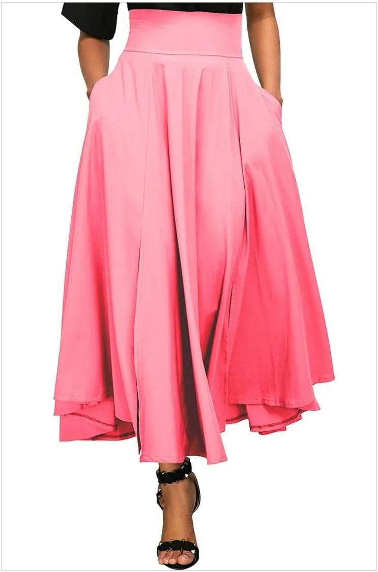 Women's Vintage Maxi Skirt Pleated High Waisted Casual Long Skirts with Pockets
