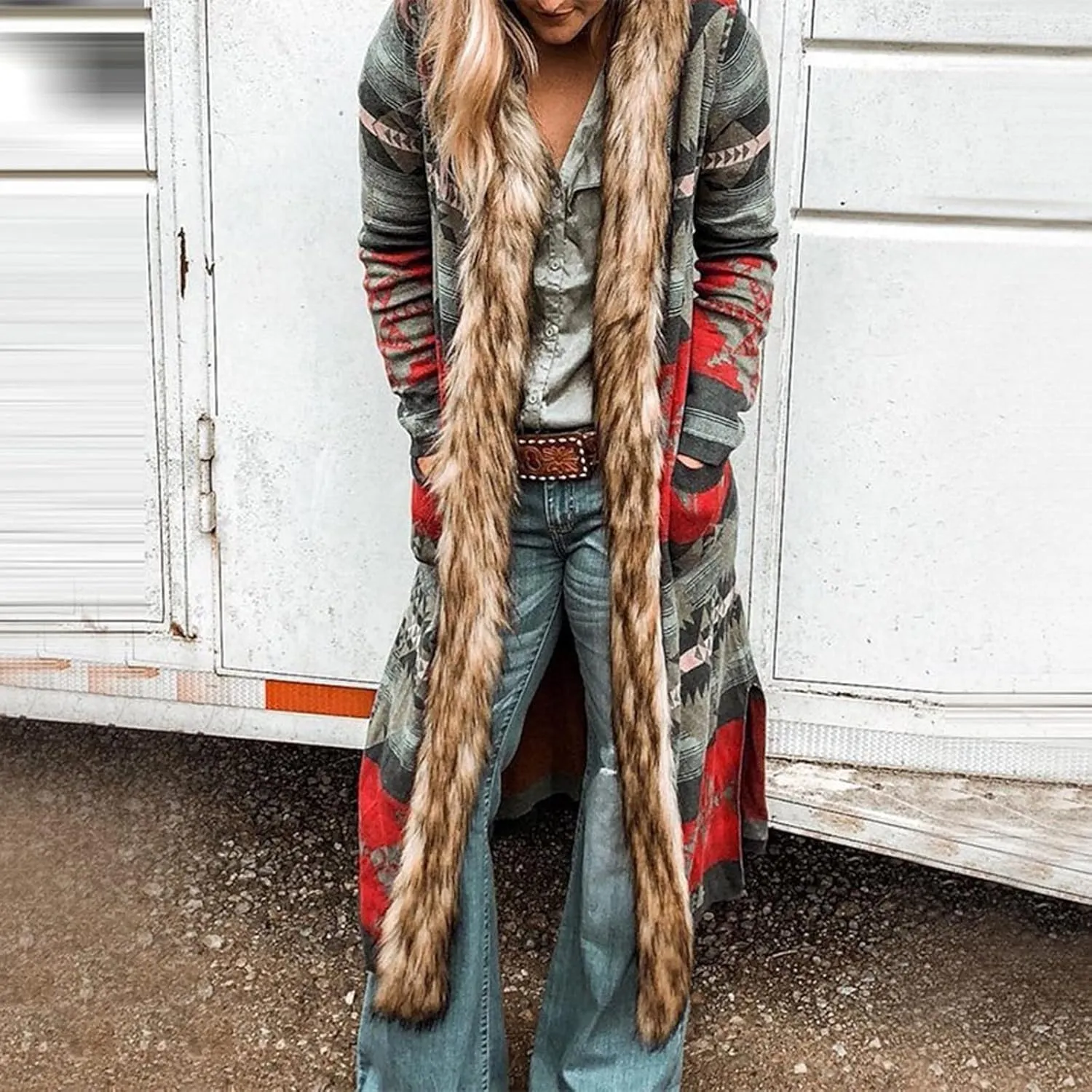 Women's Winter Long Jacket Open Front Coat Cardigan Vintage Western Coats Faux Fur Trim Parka Outerwear with Pockets