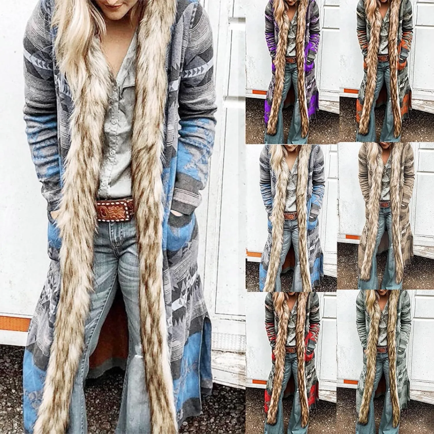 Women's Winter Long Jacket Open Front Coat Cardigan Vintage Western Coats Faux Fur Trim Parka Outerwear with Pockets