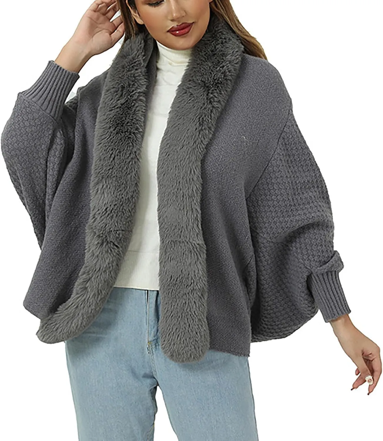 Women's Winter Poncho Cape Open Front Cardigan Jacket with Faux Fur Trim Long Sleeve Warm Shawl Wraps Knit Cape Cloak