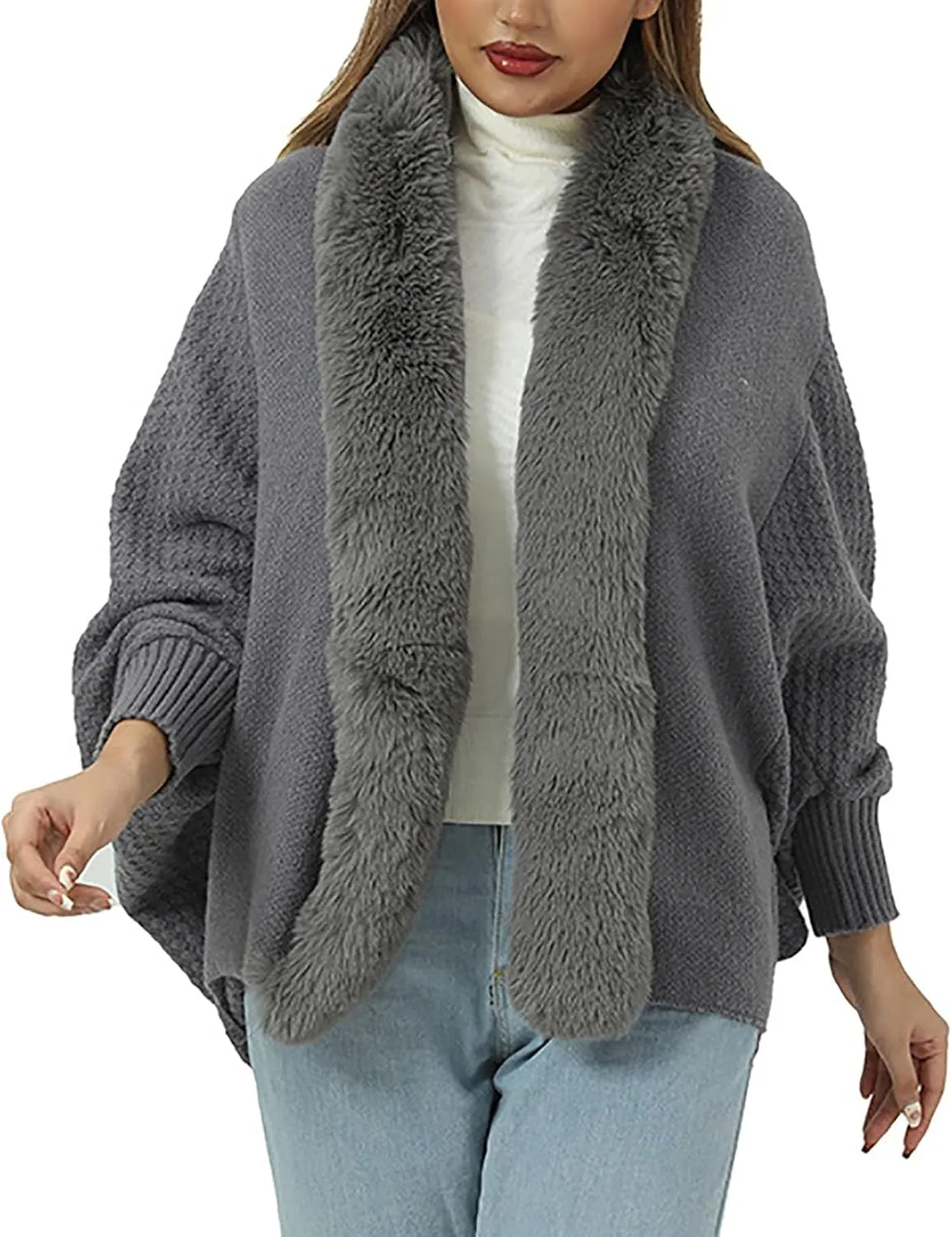 Women's Winter Poncho Cape Open Front Cardigan Jacket with Faux Fur Trim Long Sleeve Warm Shawl Wraps Knit Cape Cloak