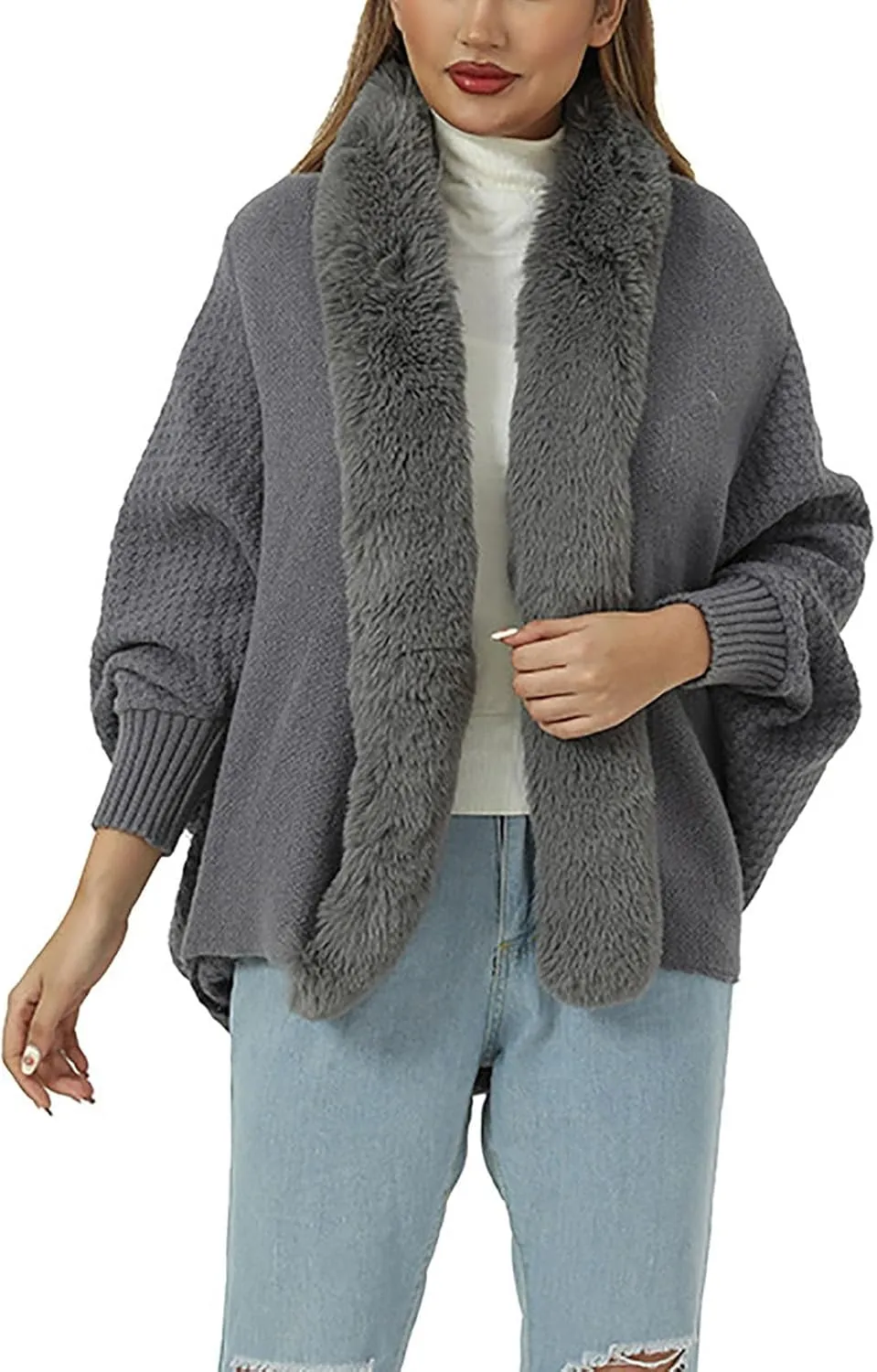Women's Winter Poncho Cape Open Front Cardigan Jacket with Faux Fur Trim Long Sleeve Warm Shawl Wraps Knit Cape Cloak