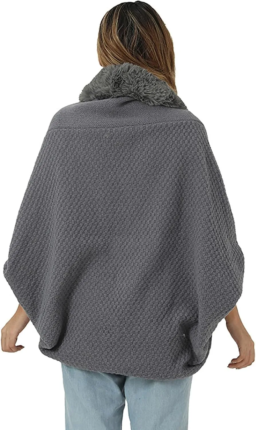 Women's Winter Poncho Cape Open Front Cardigan Jacket with Faux Fur Trim Long Sleeve Warm Shawl Wraps Knit Cape Cloak
