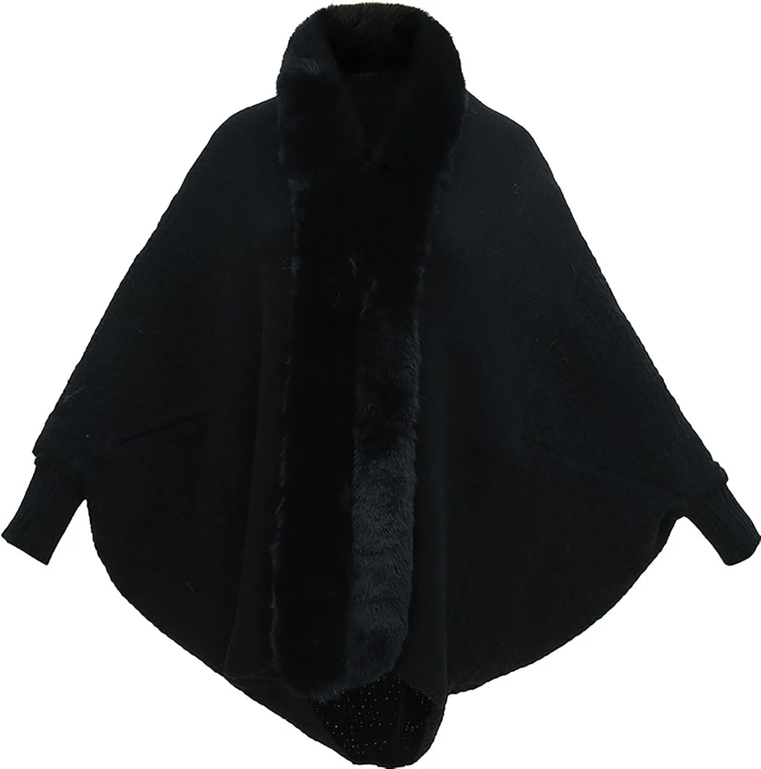 Women's Winter Poncho Cape Open Front Cardigan Jacket with Faux Fur Trim Long Sleeve Warm Shawl Wraps Knit Cape Cloak