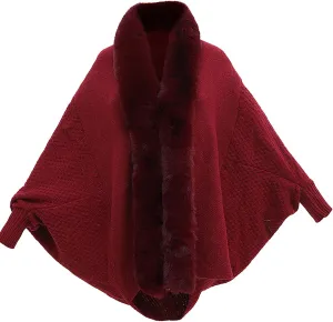 Women's Winter Poncho Cape Open Front Cardigan Jacket with Faux Fur Trim Long Sleeve Warm Shawl Wraps Knit Cape Cloak