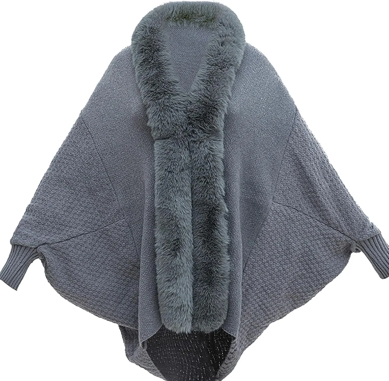 Women's Winter Poncho Cape Open Front Cardigan Jacket with Faux Fur Trim Long Sleeve Warm Shawl Wraps Knit Cape Cloak