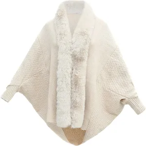 Women's Winter Poncho Cape Open Front Cardigan Jacket with Faux Fur Trim Long Sleeve Warm Shawl Wraps Knit Cape Cloak