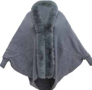 Women's Winter Poncho Cape Open Front Cardigan Jacket with Faux Fur Trim Long Sleeve Warm Shawl Wraps Knit Cape Cloak
