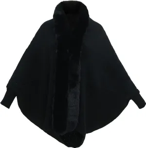 Women's Winter Poncho Cape Open Front Cardigan Jacket with Faux Fur Trim Long Sleeve Warm Shawl Wraps Knit Cape Cloak