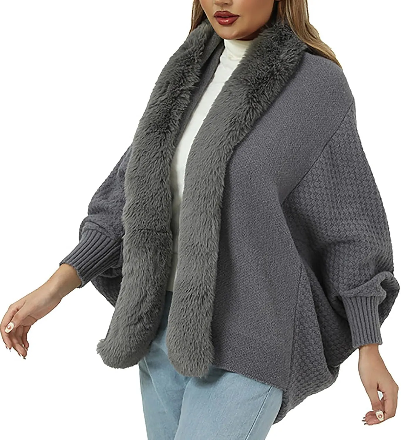 Women's Winter Poncho Cape Open Front Cardigan Jacket with Faux Fur Trim Long Sleeve Warm Shawl Wraps Knit Cape Cloak