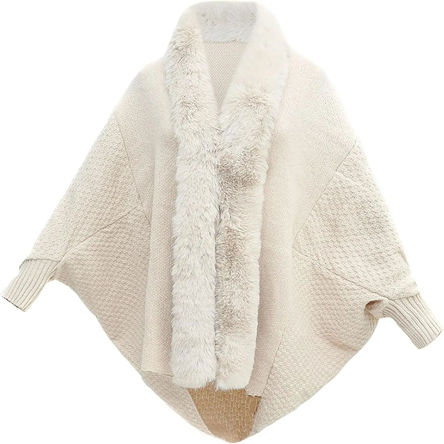 Women's Winter Poncho Cape Open Front Cardigan Jacket with Faux Fur Trim Long Sleeve Warm Shawl Wraps Knit Cape Cloak