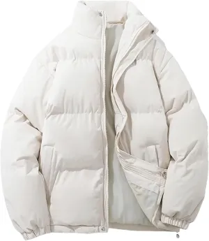 Women's Winter Vintage Warm Puffer Jacket Parkas Warm Cotton-Padded Coat Cropped Puffer Quilted Tops White