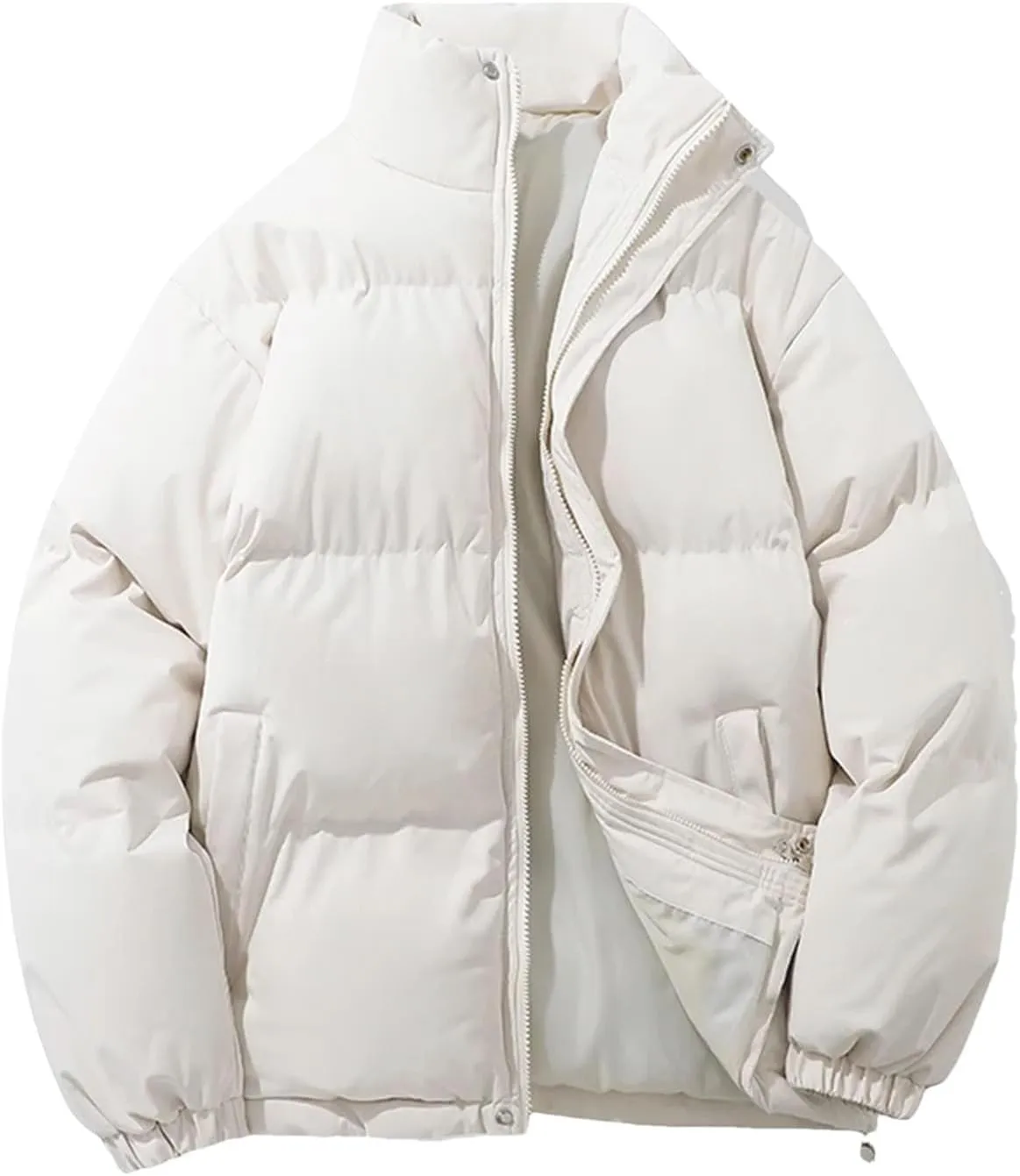 Women's Winter Vintage Warm Puffer Jacket Parkas Warm Cotton-Padded Coat Cropped Puffer Quilted Tops White