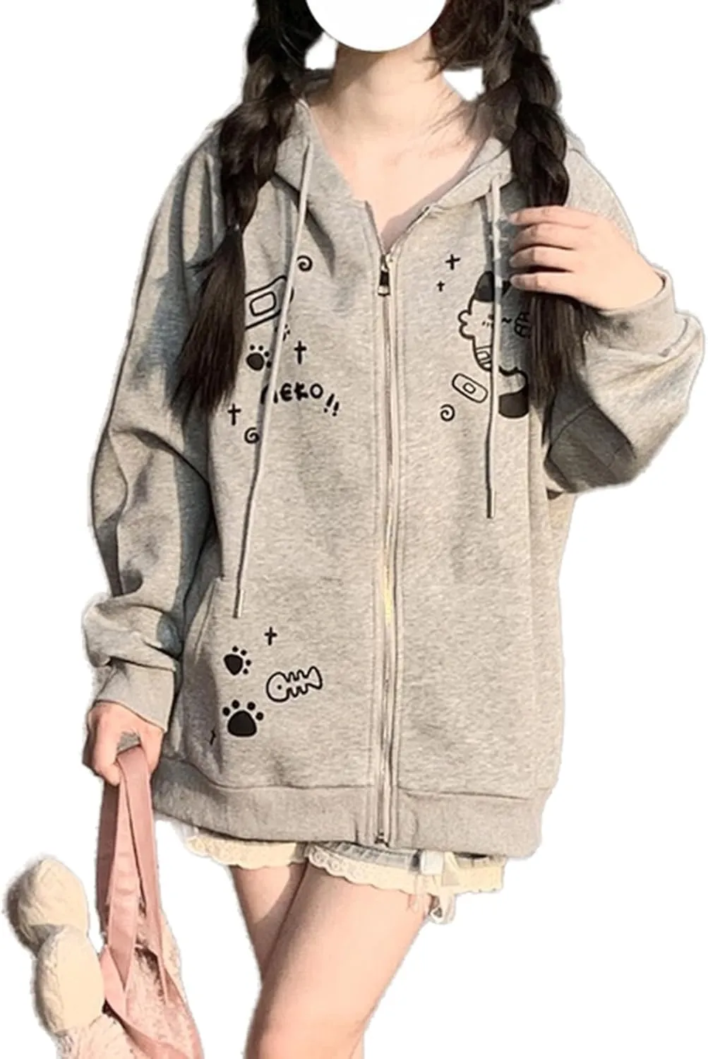 Womens Y2K Zip Up Cute Graphic Hoodies Cat Ears Casual Cartoon Harajuku Kawaii Clothes Oversize Streetwear Jacket