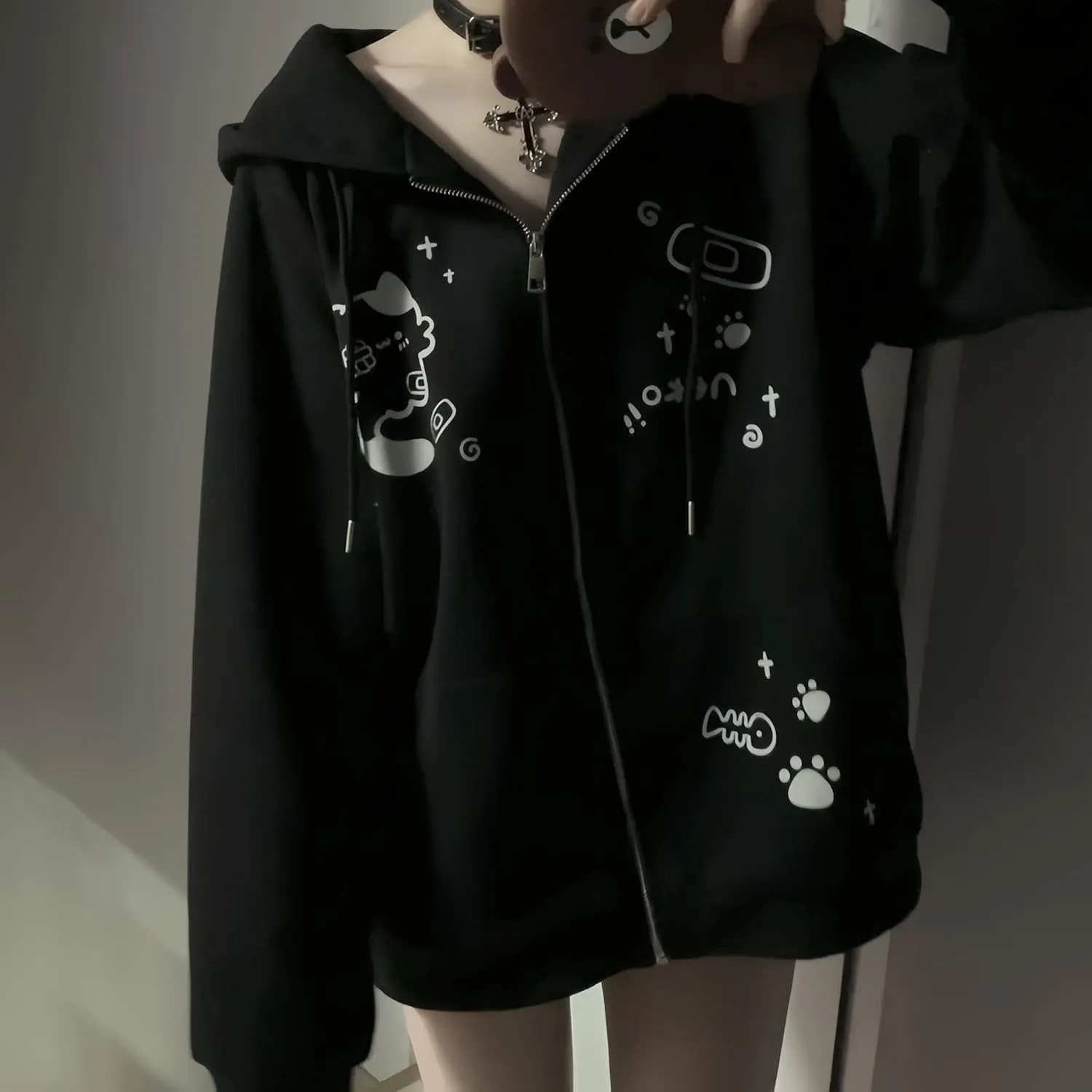 Womens Y2K Zip Up Cute Graphic Hoodies Cat Ears Casual Cartoon Harajuku Kawaii Clothes Oversize Streetwear Jacket
