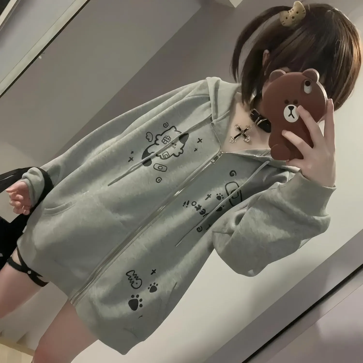 Womens Y2K Zip Up Cute Graphic Hoodies Cat Ears Casual Cartoon Harajuku Kawaii Clothes Oversize Streetwear Jacket