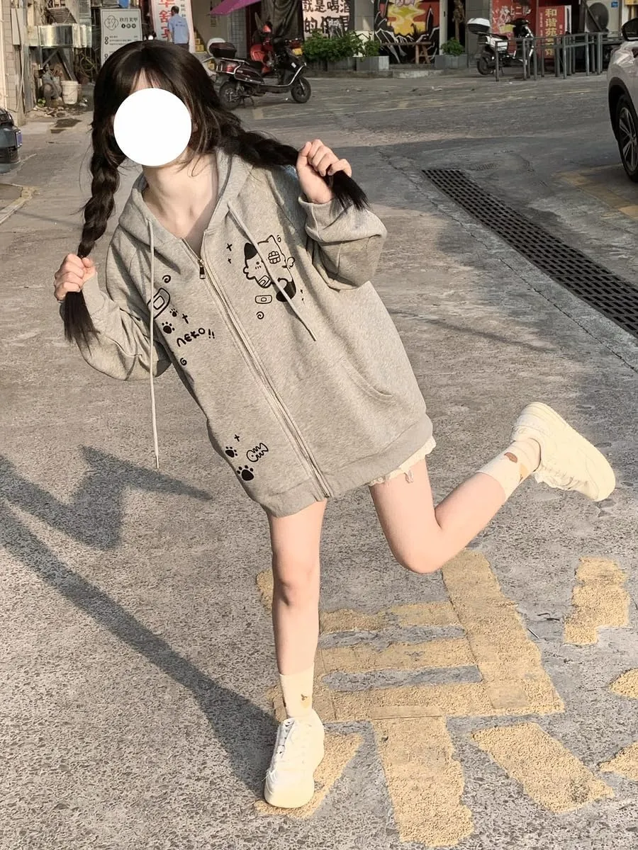 Womens Y2K Zip Up Cute Graphic Hoodies Cat Ears Casual Cartoon Harajuku Kawaii Clothes Oversize Streetwear Jacket