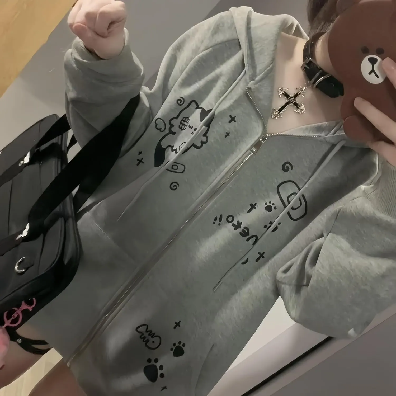Womens Y2K Zip Up Cute Graphic Hoodies Cat Ears Casual Cartoon Harajuku Kawaii Clothes Oversize Streetwear Jacket